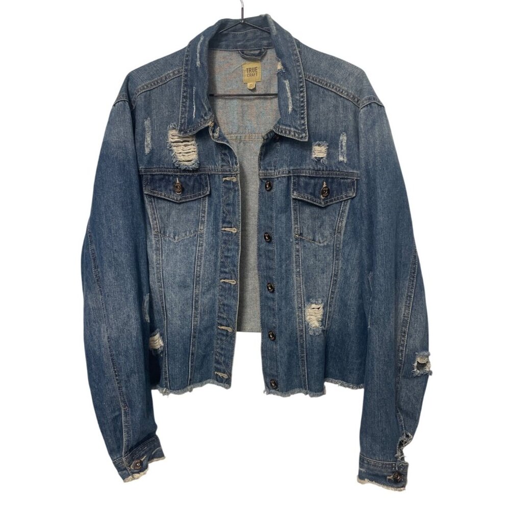 Womens Distressed Denim Jacket Cropped Frayed Hem‎ 3X Casual Relaxed Distressed